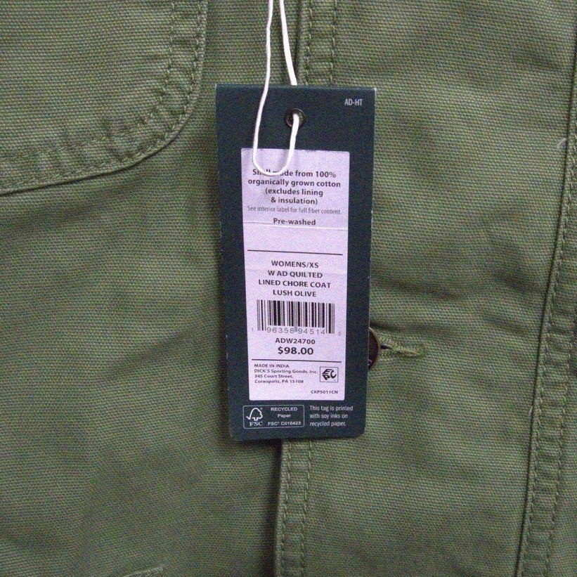 NWT Alpine Design Women's Extra Small Quilted Lined Chore Coat (Lush Olive)
