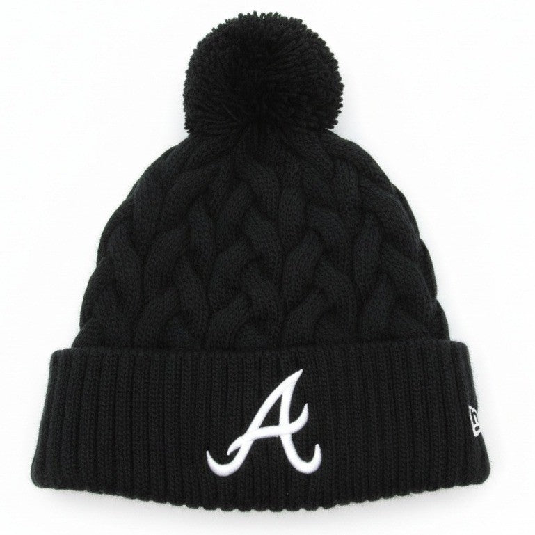 NWT New Era Women's Atlanta Braves Knit Beanie Black w/ Pom | One Size