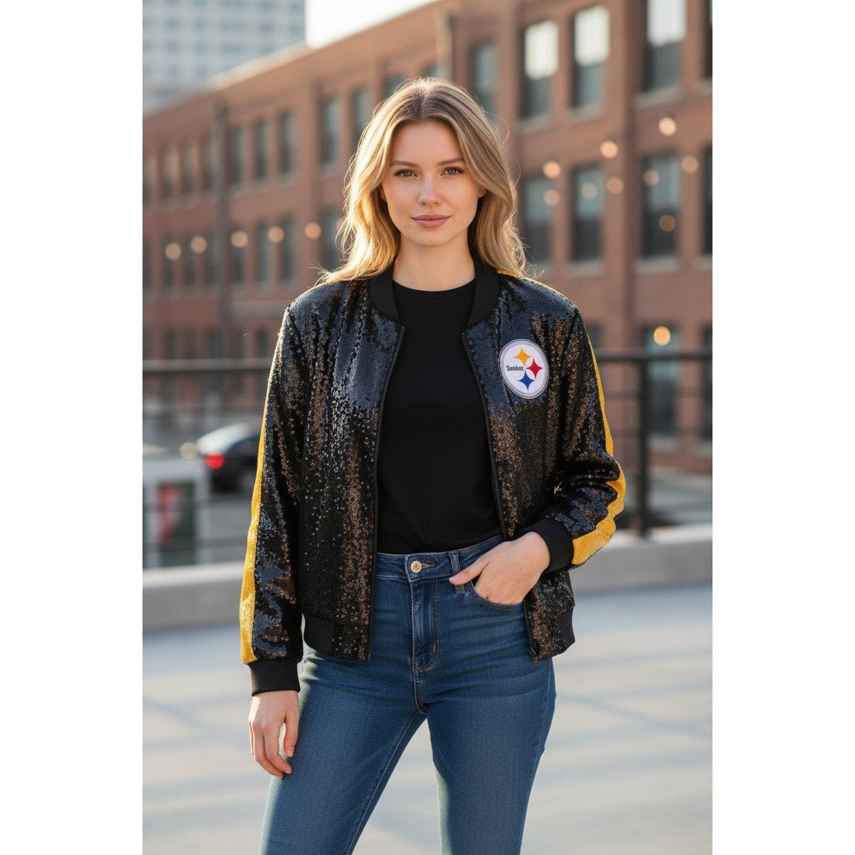 NWT The Wild Collective Sequin Pittsburgh "Steelers" Full-Zip Jacket Women's XL