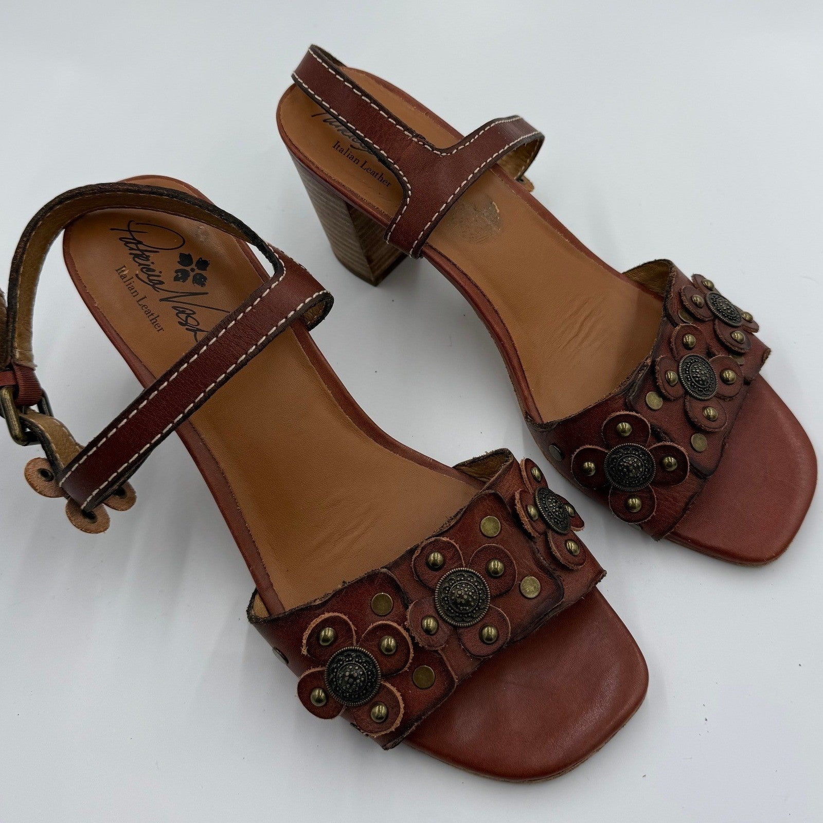 Patricia Nash Italian Leather Floral Studded Sandals Brown Women's 9.5