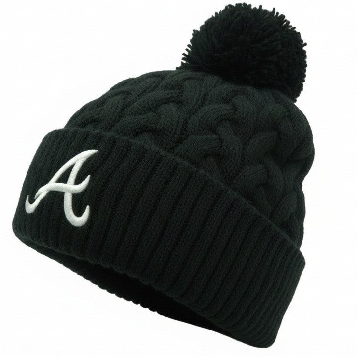 NWT New Era Women's Atlanta Braves Knit Beanie Black w/ Pom | One Size
