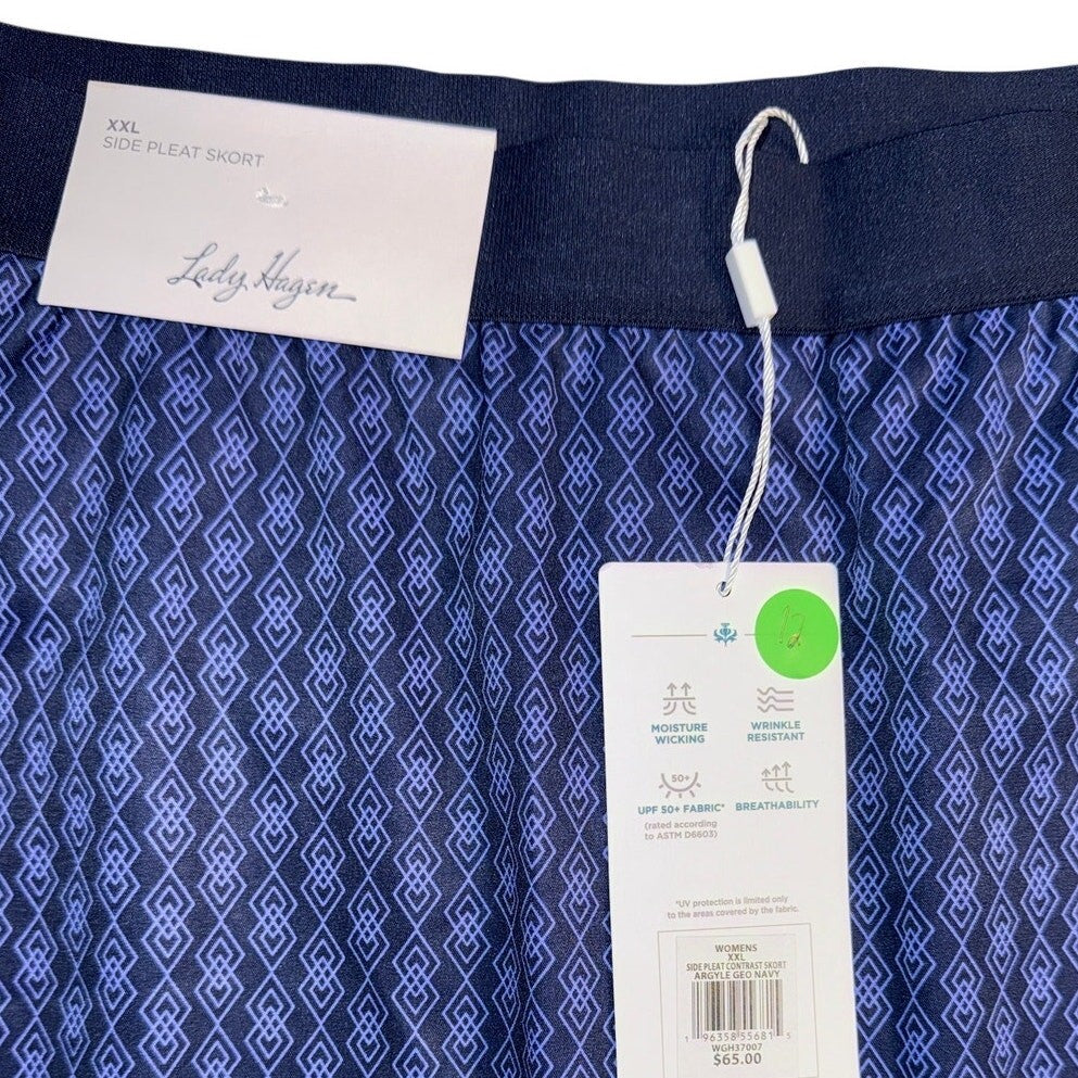 NWT Walter Hagen Side Pleat Contrast Skort Argyle Geo Navy | Women's XXL