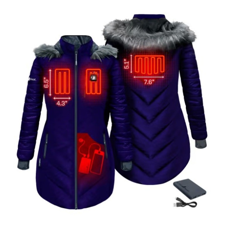 NWT ActionHeat 5V Heated Long Puffer Jacket with Hood for Ladies - Indigo - XS