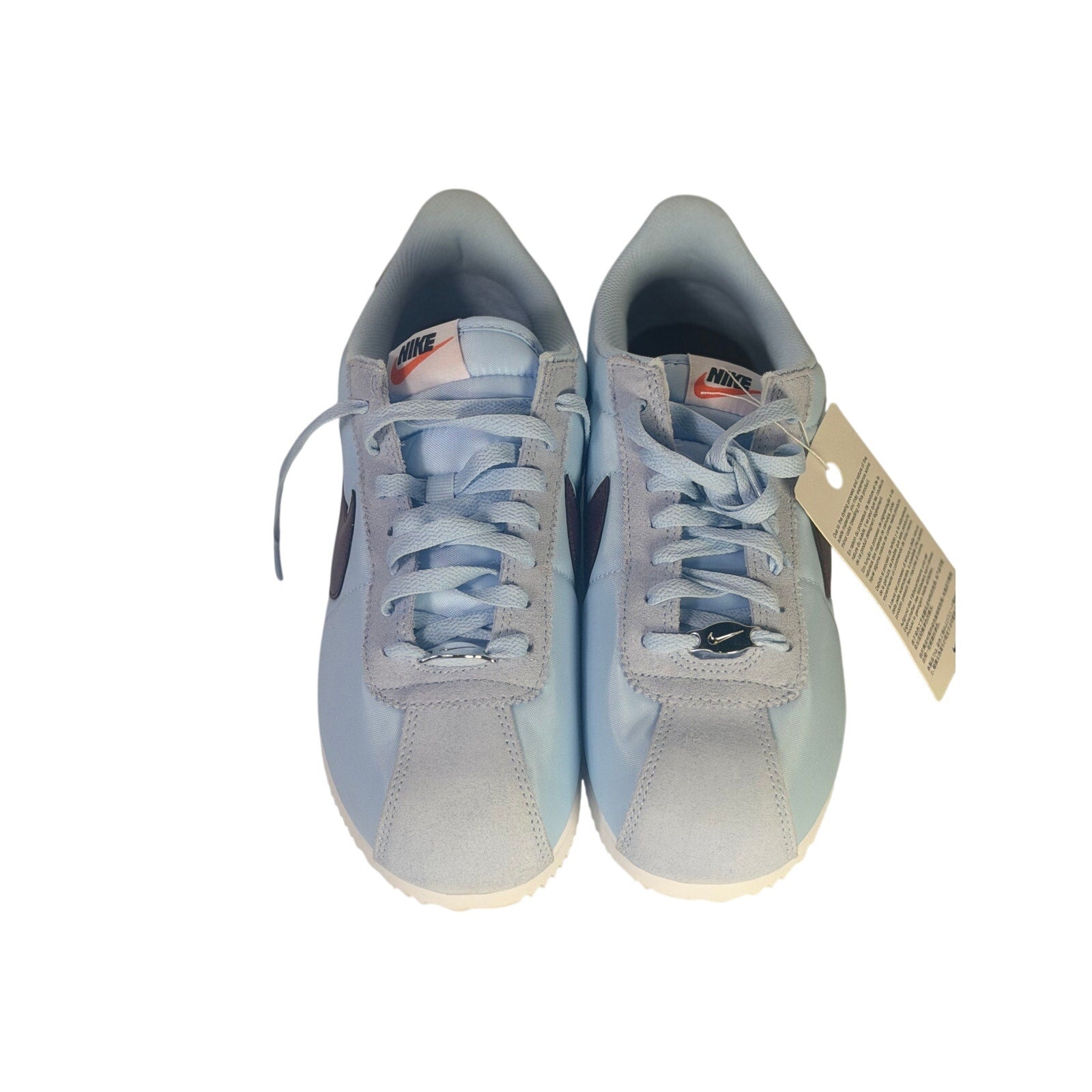 Nike Classic Cortez nylon men's sneakers in light blue and burgundy, size 8.5, with a sleek design and durable nylon upper.