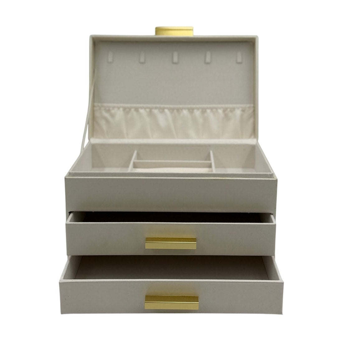3-Tier Ivory Faux Leather Jewelry Box – Champagne Gold Handles – Faux Suede Lining