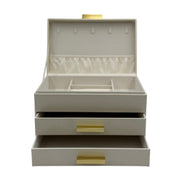 3-Tier Ivory Faux Leather Jewelry Box – Champagne Gold Handles – Faux Suede Lining