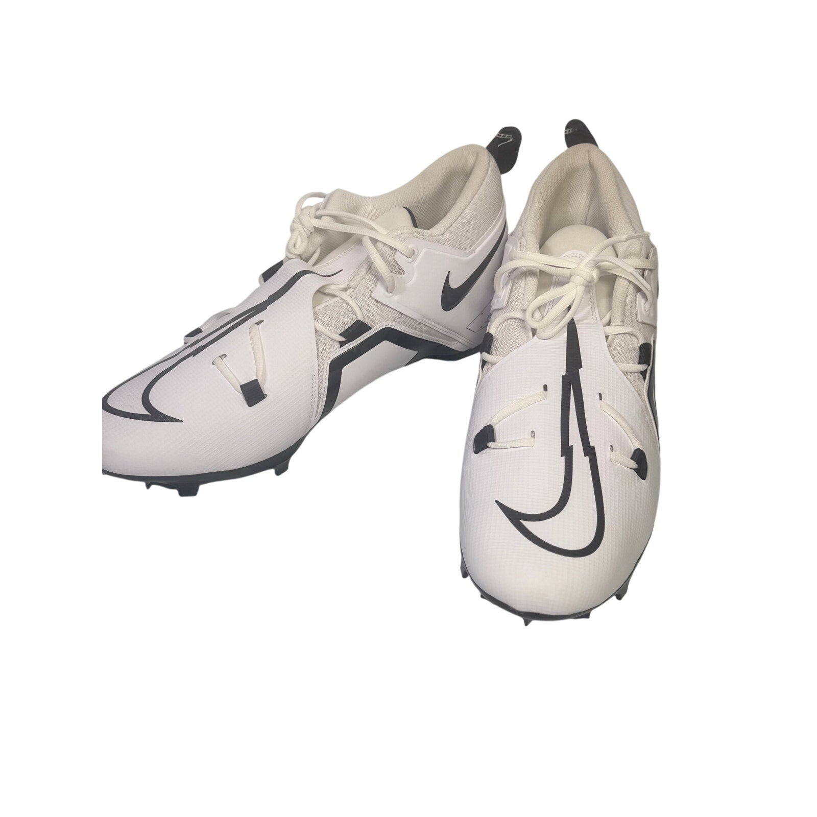 Nike Alpha men's football cleats in white and black, size 17, displayed on a plain background.