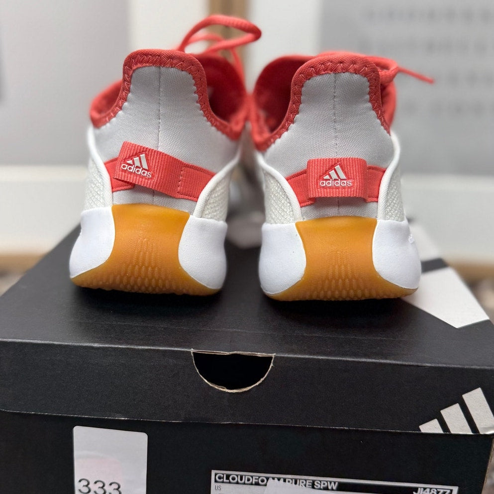 Adidas Cloudfoam Pure SPW women's sneakers in size 5.5, new in box, featuring a sleek design and white color.