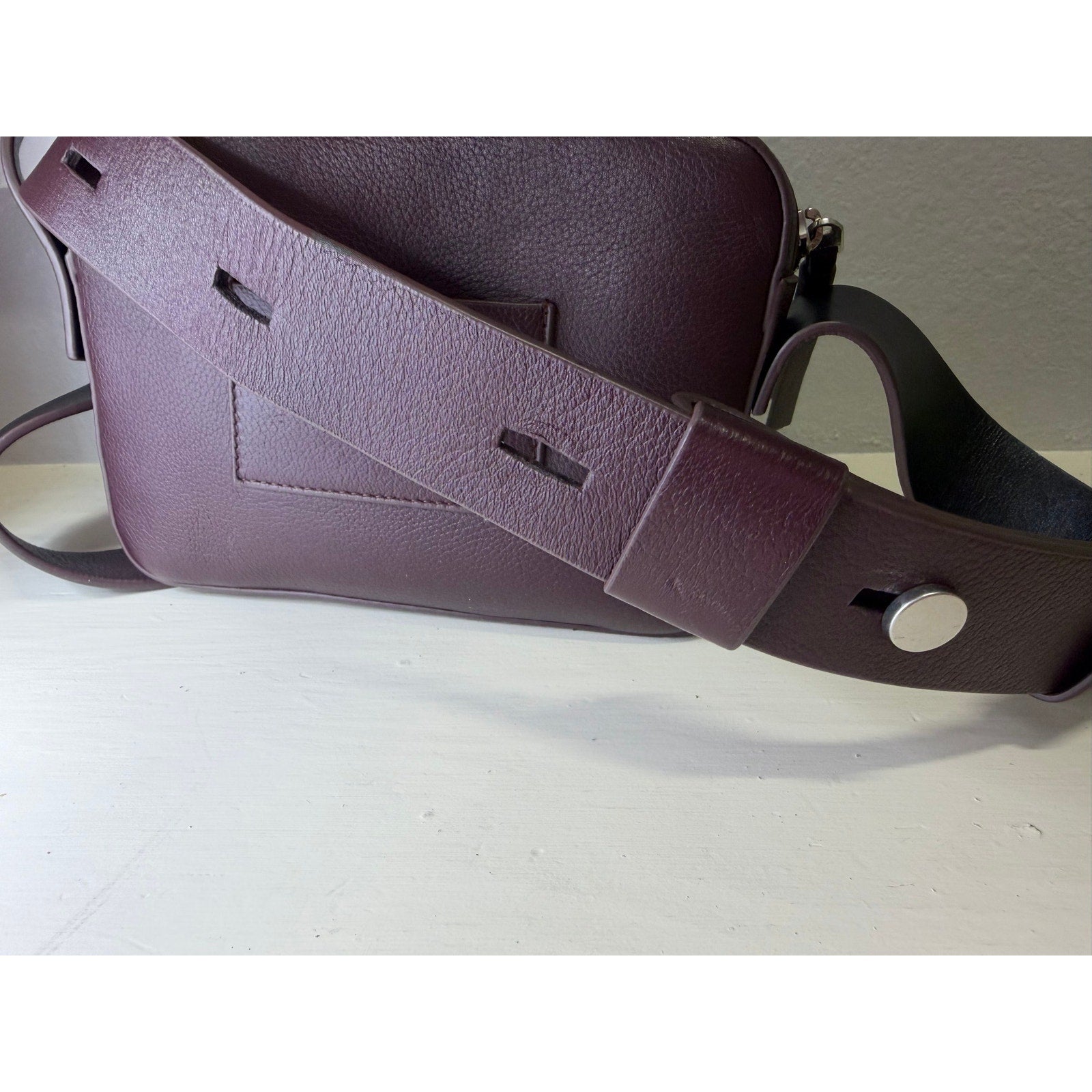 AllSaints Women’s Burgundy Pebbled Leather Camera Crossbody Bag Adjustable Strap