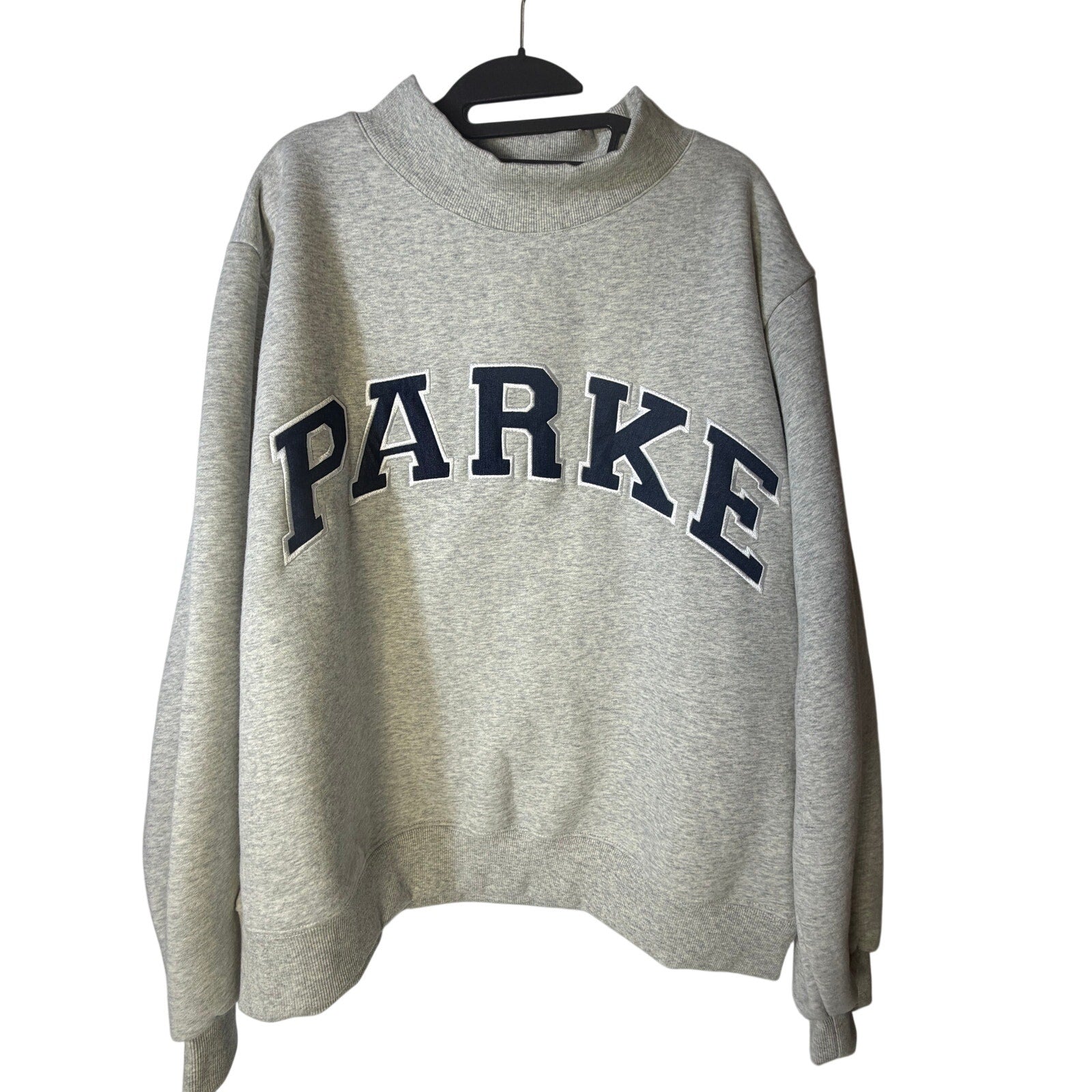 PARKE Mock Neck Sweatshirt Women's L/XL Gray Oversized Fleece Pullover Embroidered Logo