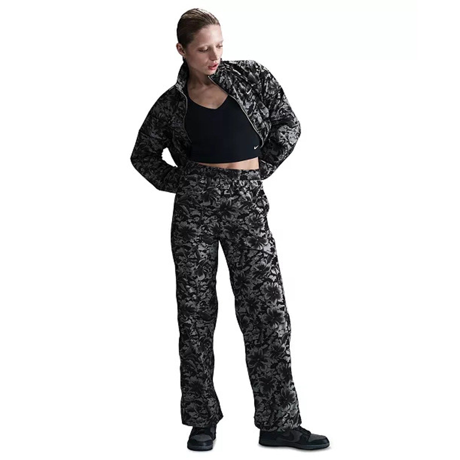Copied - Nike Sportswear Women's Floral Wide Leg Track Pants Black Gray High Rise