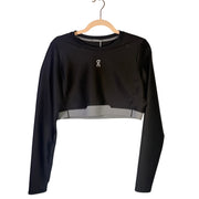 On Women's Train Long-Sleeve Crop Athletic Top in black, size XL, made for active wear and fitness activities.