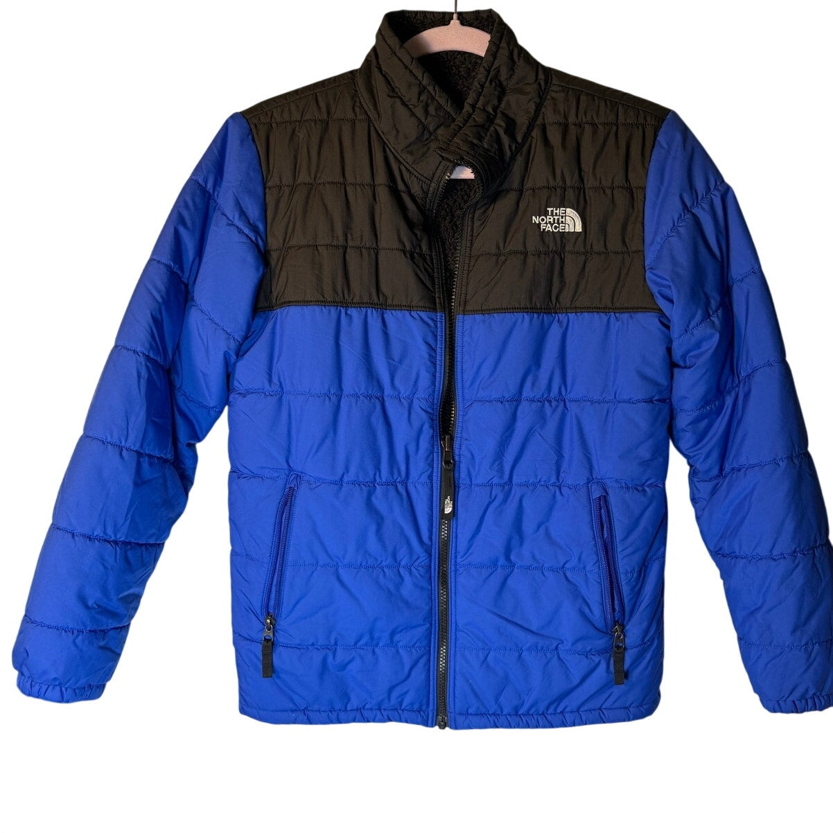 The North Face Boys Reversible Mount Chimborazo Puffer Jacket – Size Large – Blue / Black – Fleece Lined