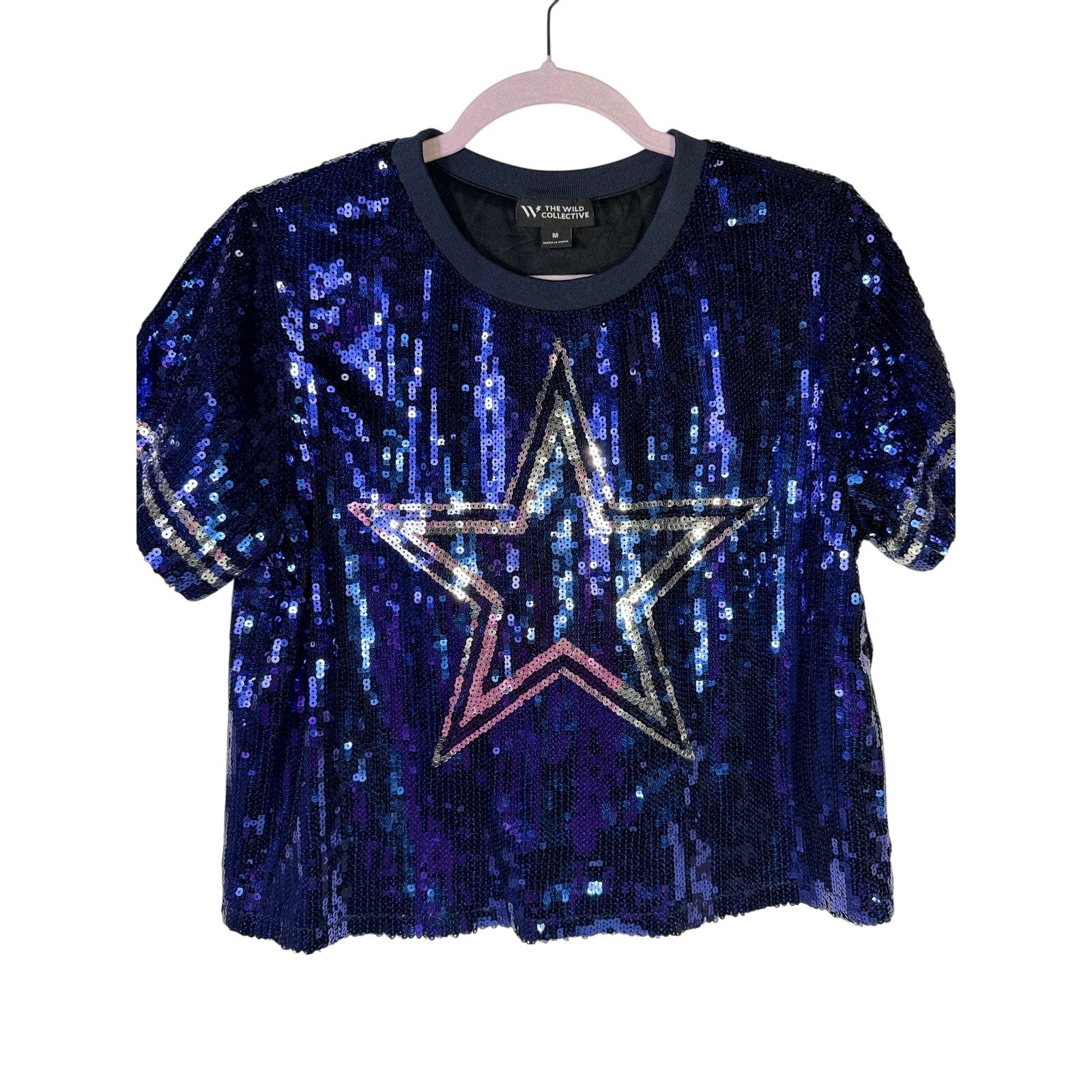 The Wild Collective Dallas Cowboys Sequin Star T-Shirt Women's Medium Navy Blue