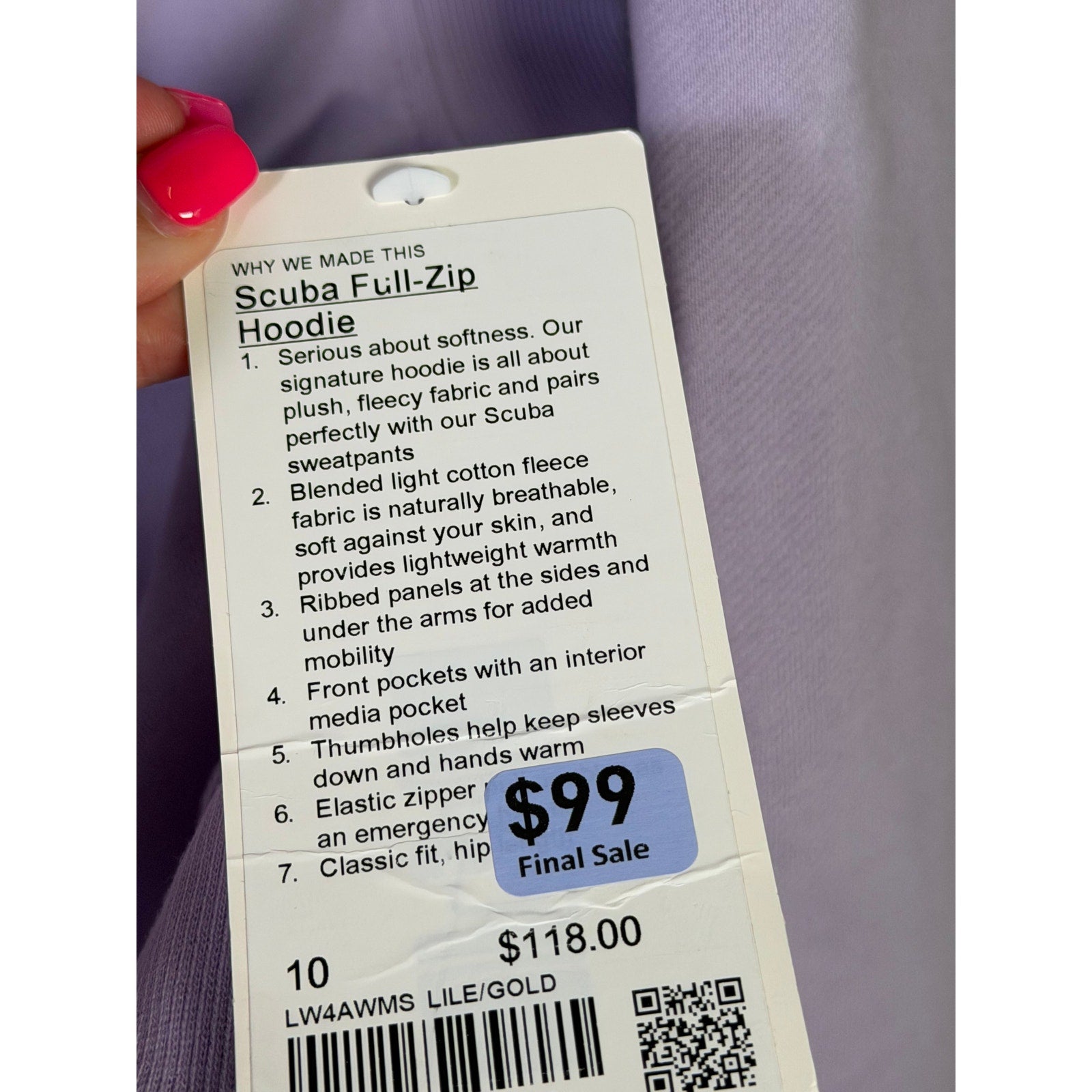 Lululemon Scuba Full Zip Hoodie Women's Size 10 Lilac Gold NWT