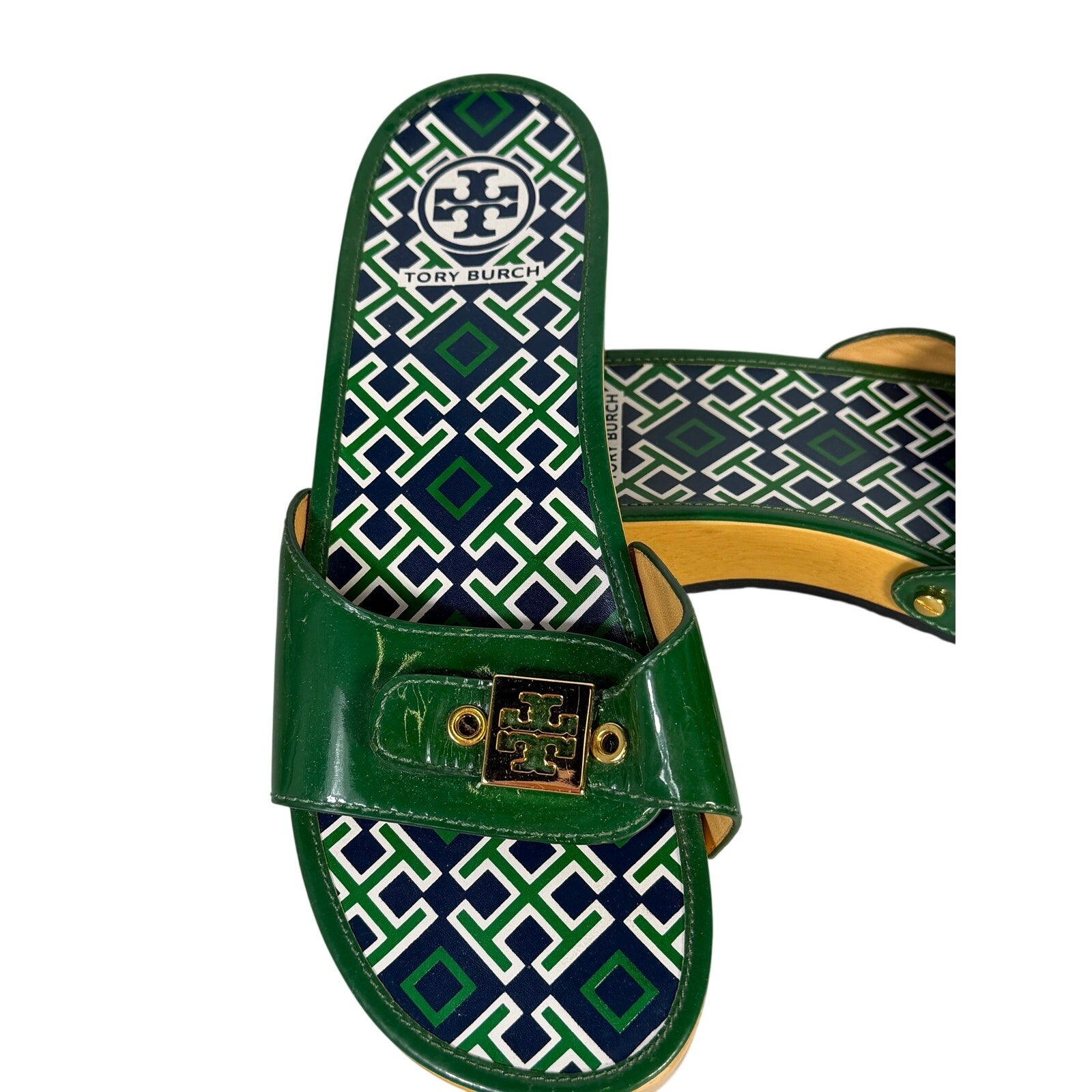 Tory Burch Green Patent Leather Slide Sandals Women's Size 8.5 Made in Brazil