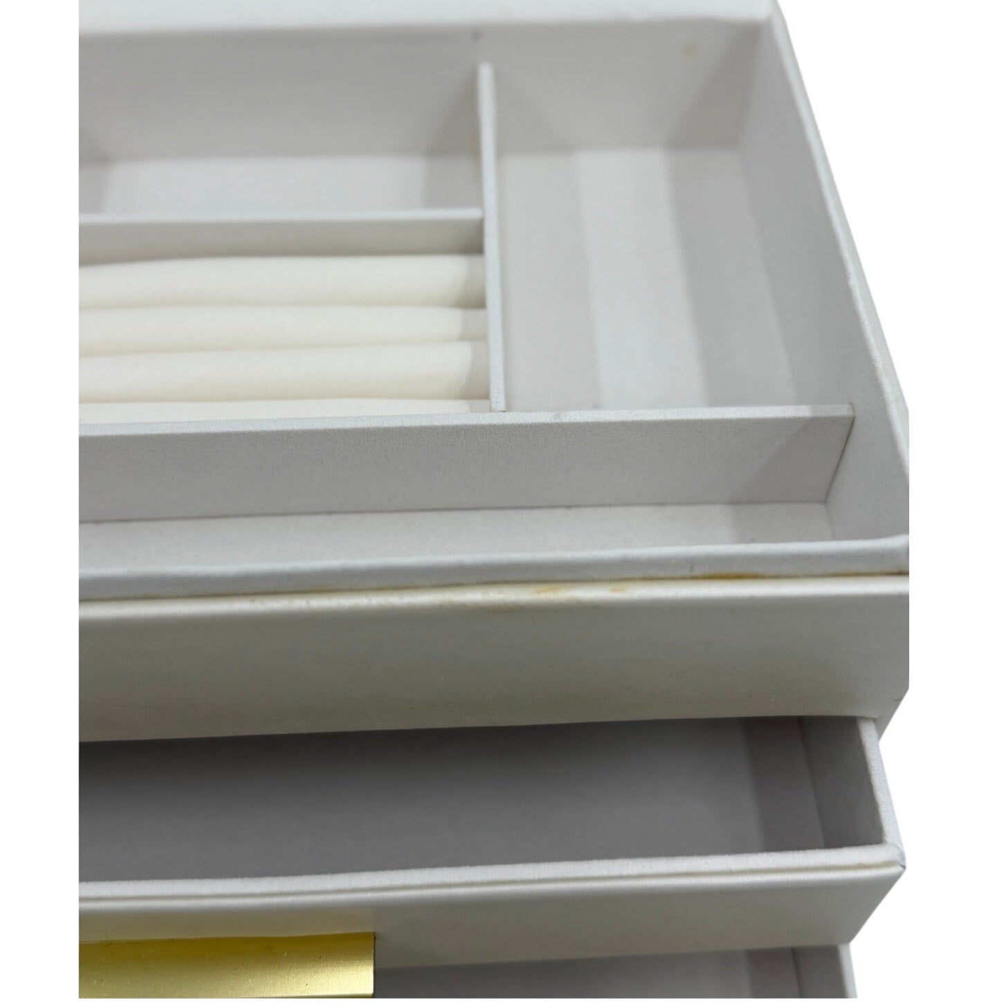 3-Tier Ivory Faux Leather Jewelry Box – Champagne Gold Handles – Faux Suede Lining