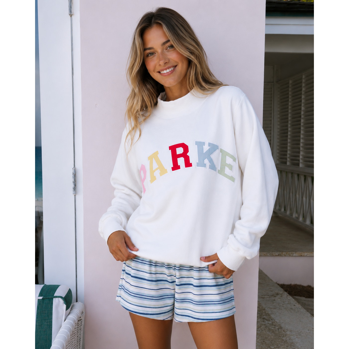 PARKE Heritage Varsity Mockneck Sweatshirt White Women's Pullover NWT XL