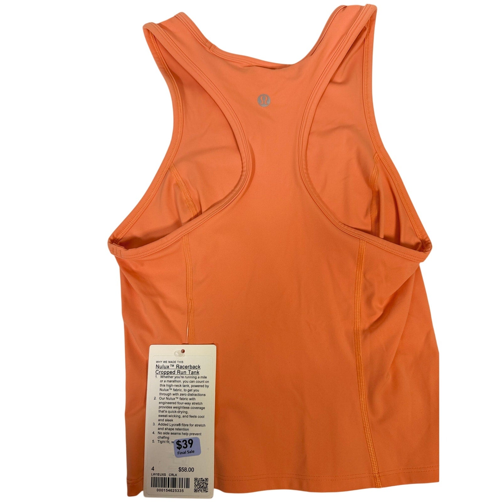 Lululemon Nulu Racerback Cropped Run Tank Women's Size 4 Coral NWT