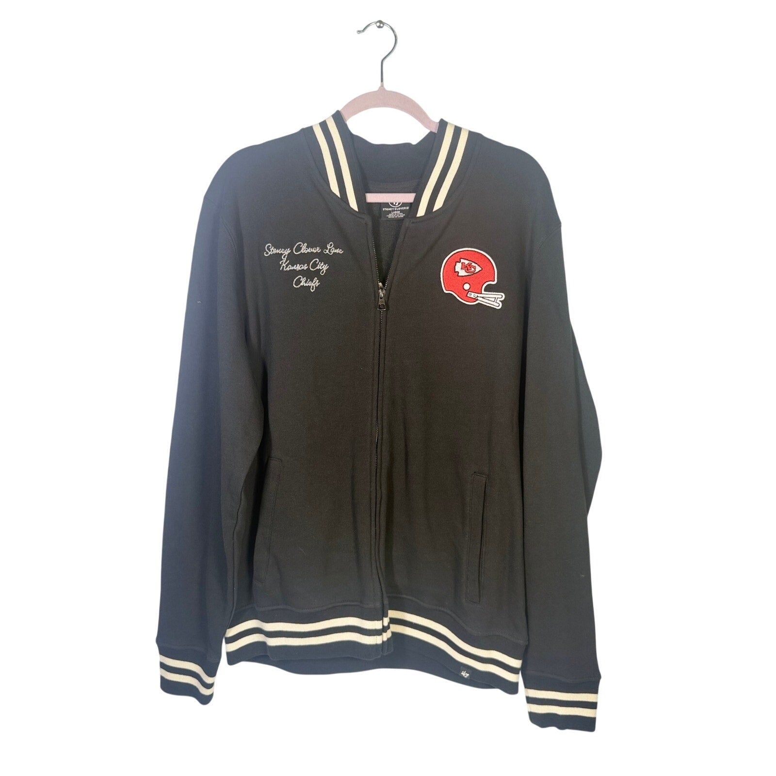Stoney Clover Kansas City Chiefs women's varsity jacket in black, large size, with team logo and athletic design.