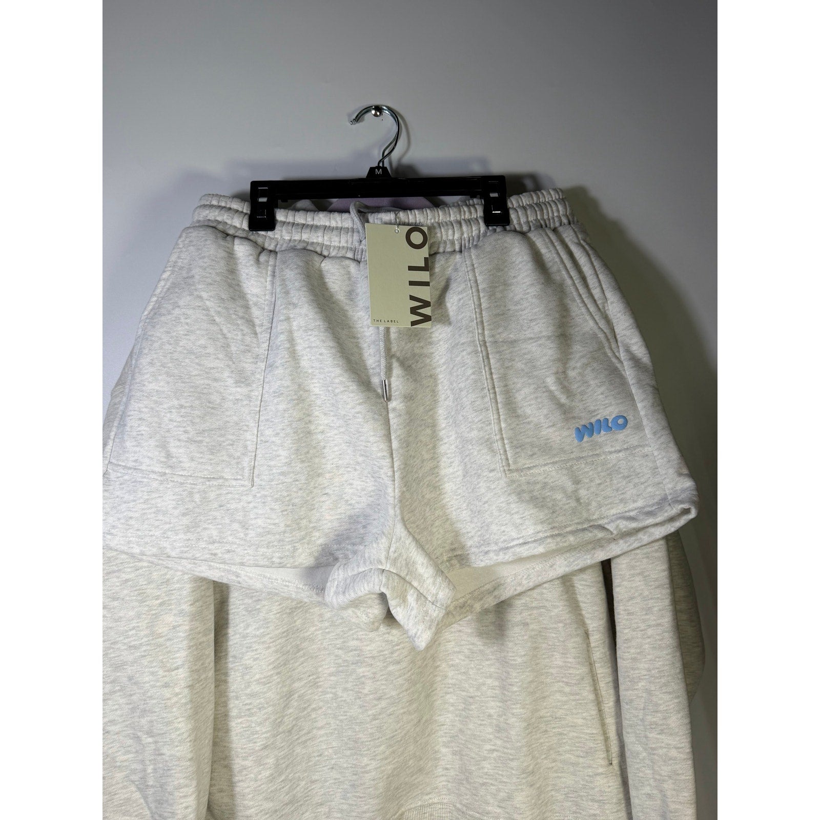 WILO The Label Women’s 2-Piece Hoodie Shorts Set White Marle Blue L NWT