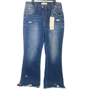Risen Jeans women's size 13/31 dark wash distressed flare jeans, showing front view with distressed details and flared hem.