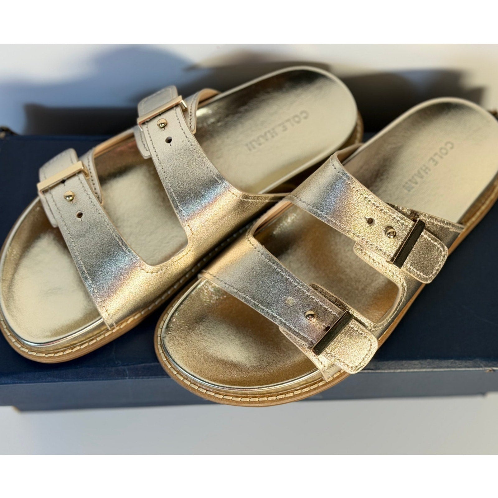Cole Haan Women's Gold Leather Double Strap Footbed Sandals Size 7B