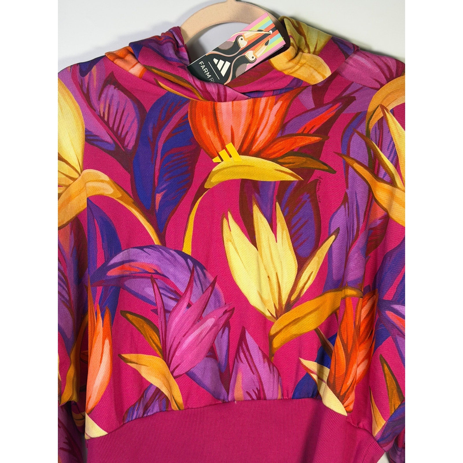 adidas x FARM Rio women's tropical floral cropped hoodie in pink and multicolor, size XL, with vibrant floral pattern