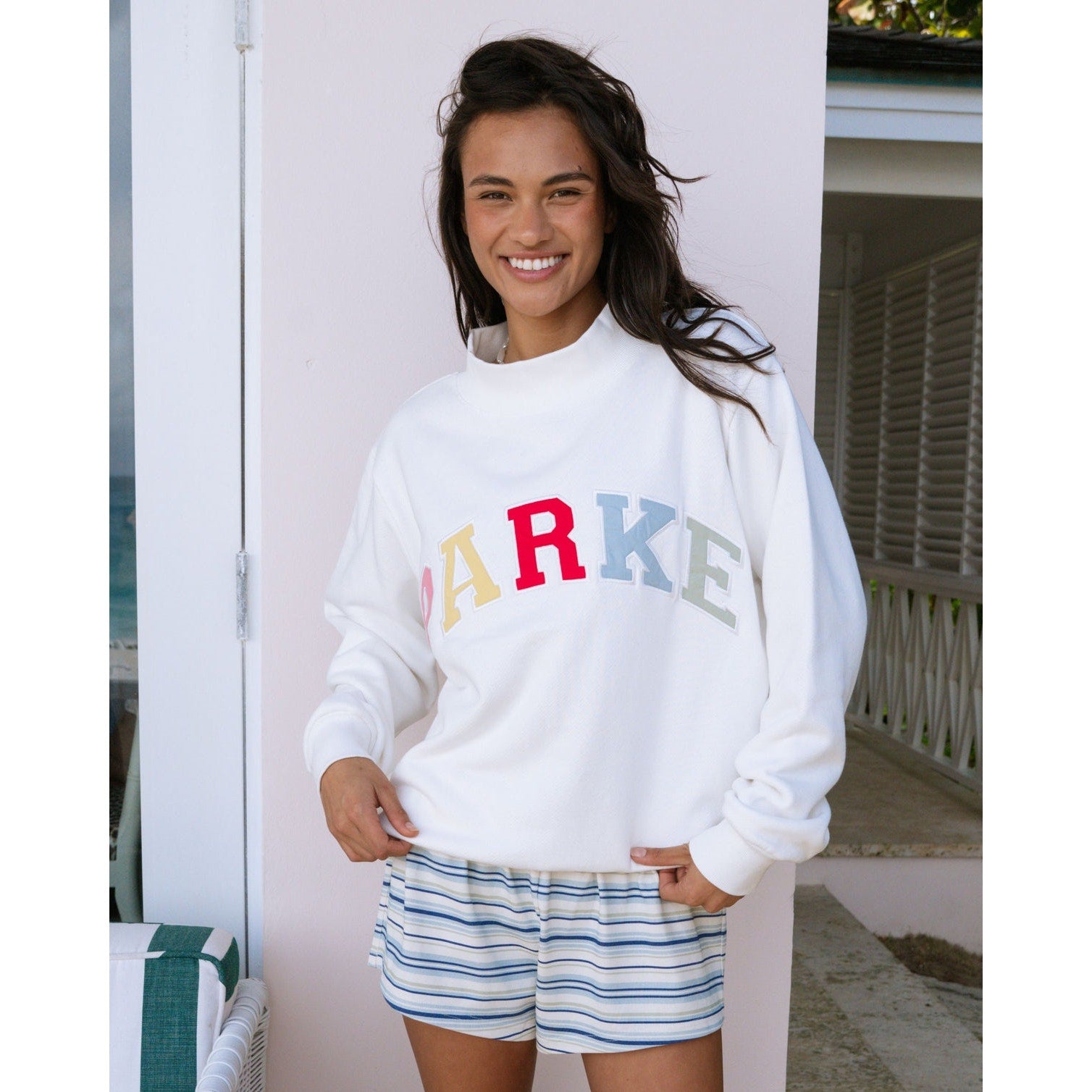 PARKE Heritage Varsity Mockneck Sweatshirt White Women's Pullover NWT
