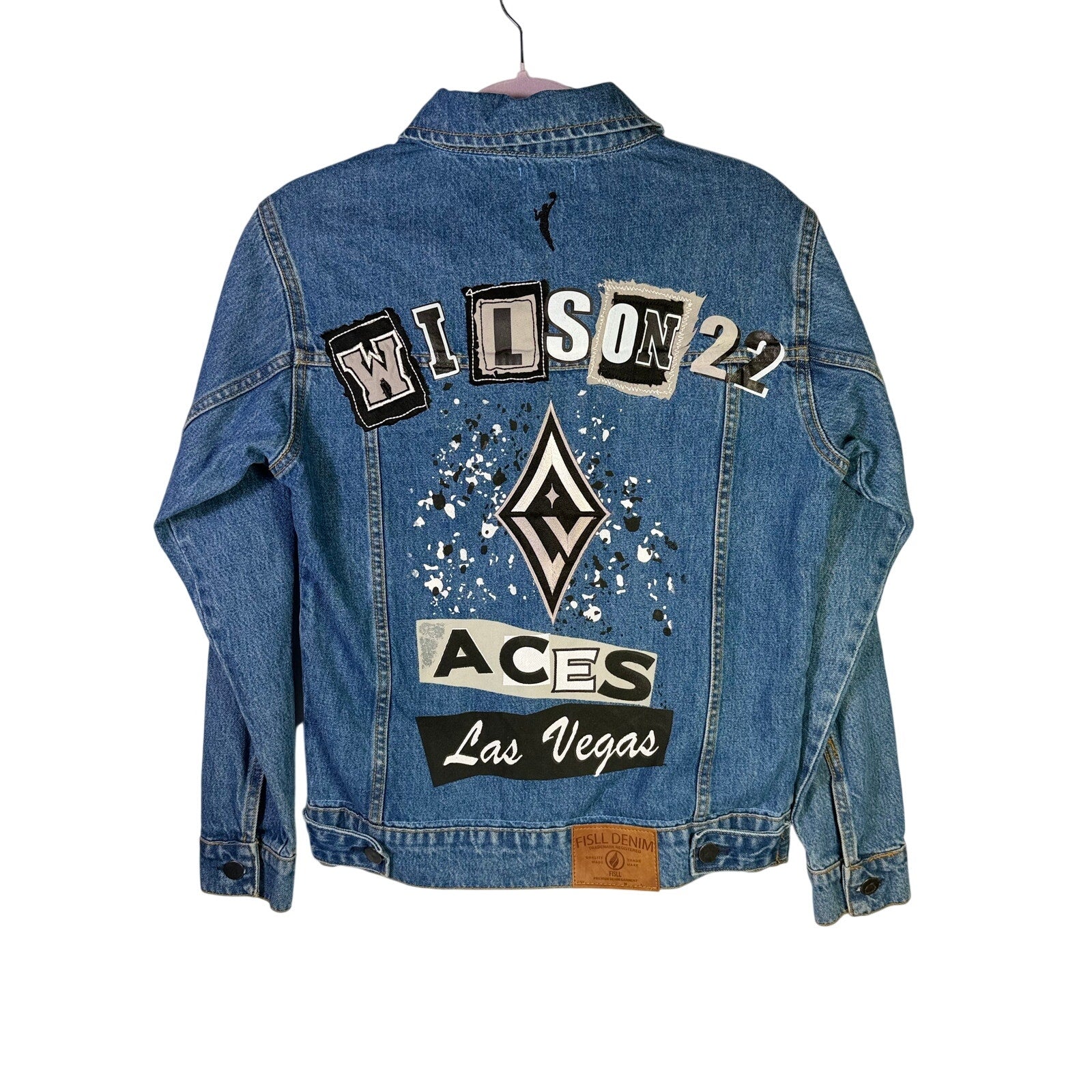 FISLL Las Vegas Aces A’ja Wilson #22 blue denim jacket, size small, with team logo and stylish design on front.