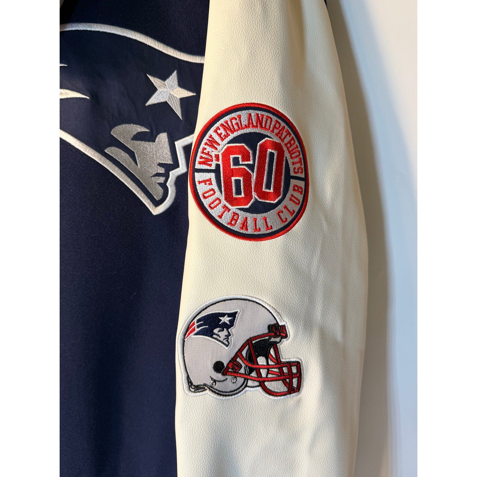 New England Patriots Women's Varsity Jacket Hoodie Blue/White XL NFL Team Apparel Embroidered Wool Faux Leather