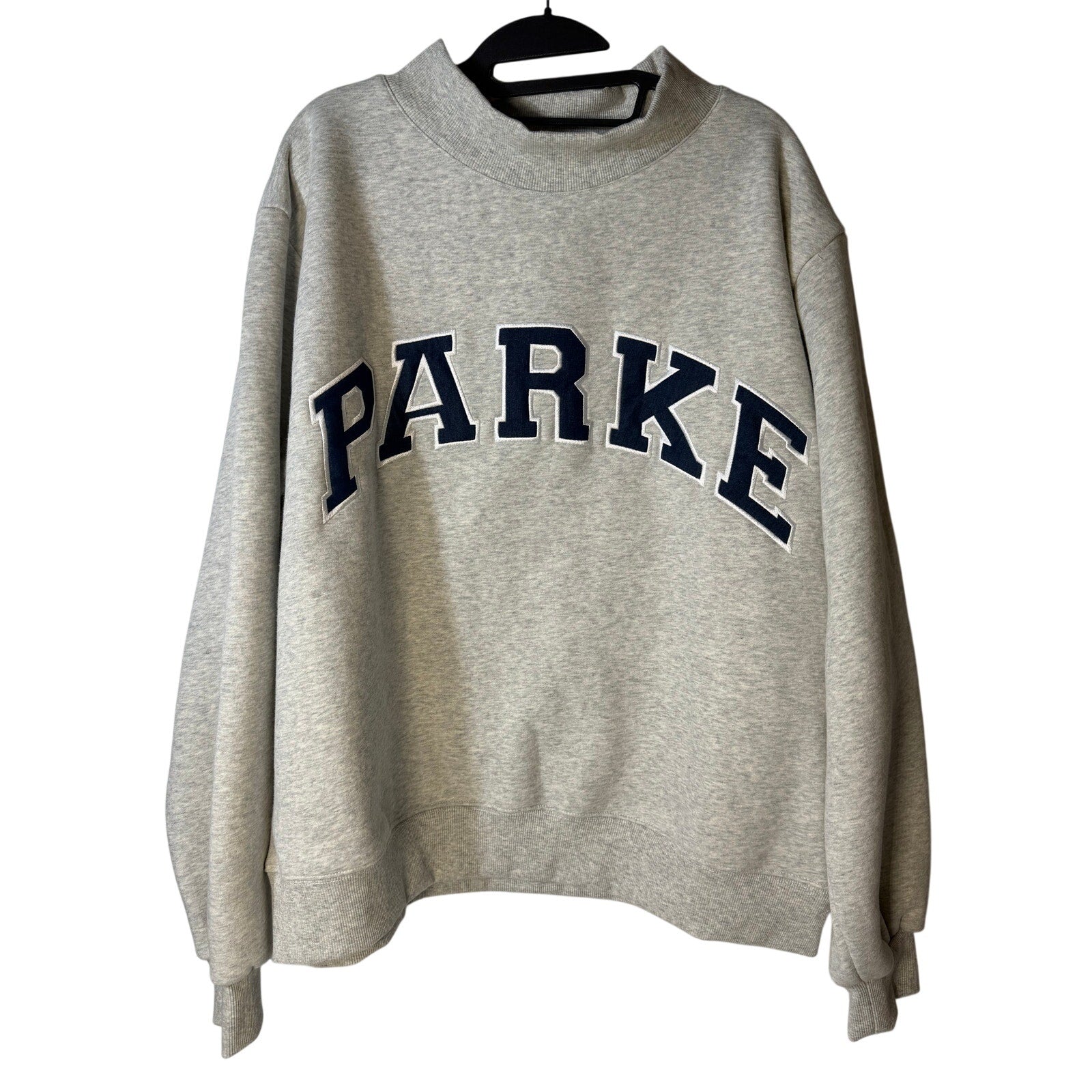 PARKE Mock Neck Sweatshirt Women's L/XL Gray Oversized Fleece Pullover Embroidered Logo
