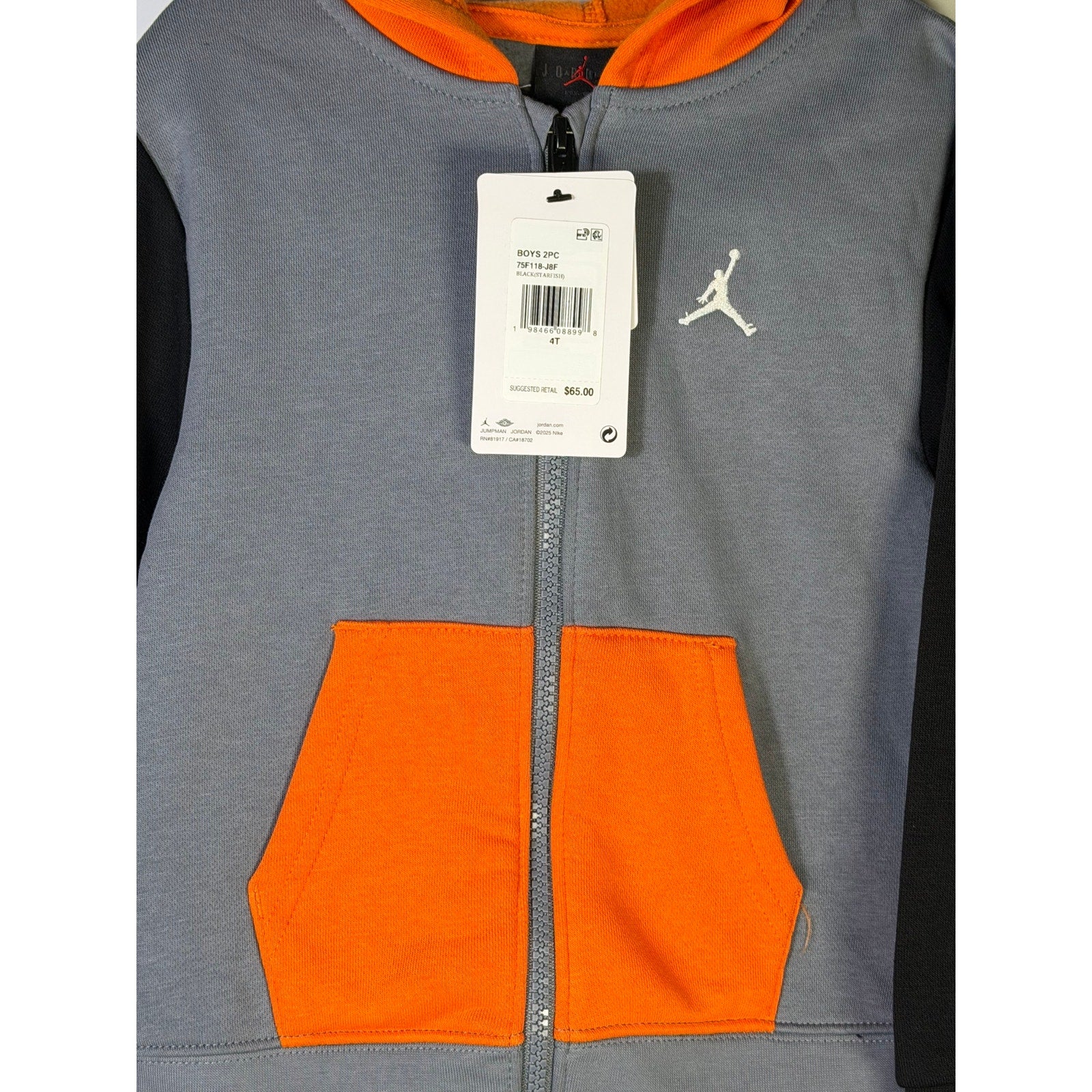 Jordan Boys 2-Piece Hoodie Jogger Pants Set Gray Black Orange Size 4T NWT