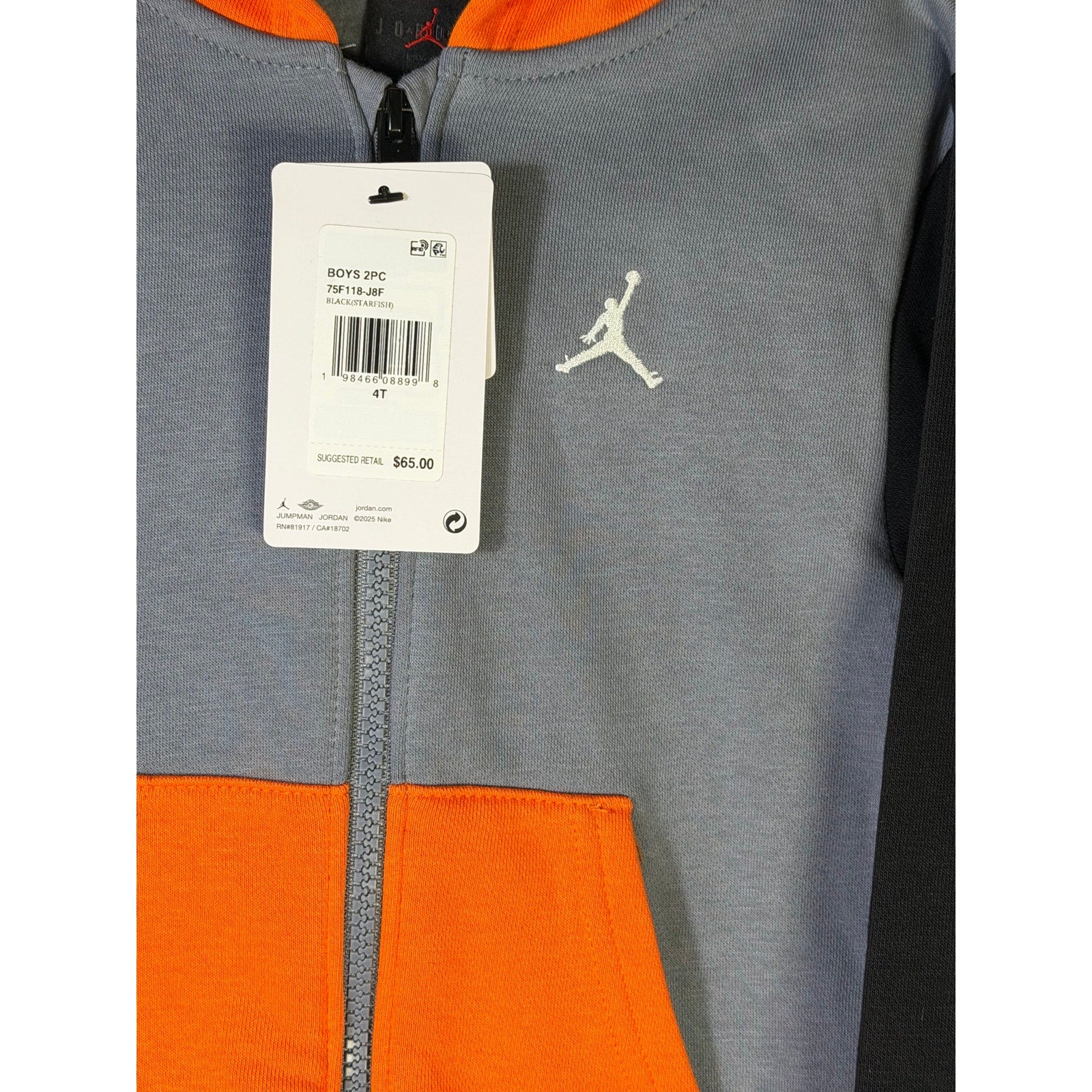 Jordan Boys 2-Piece Hoodie Jogger Pants Set Gray Black Orange Size 4T NWT