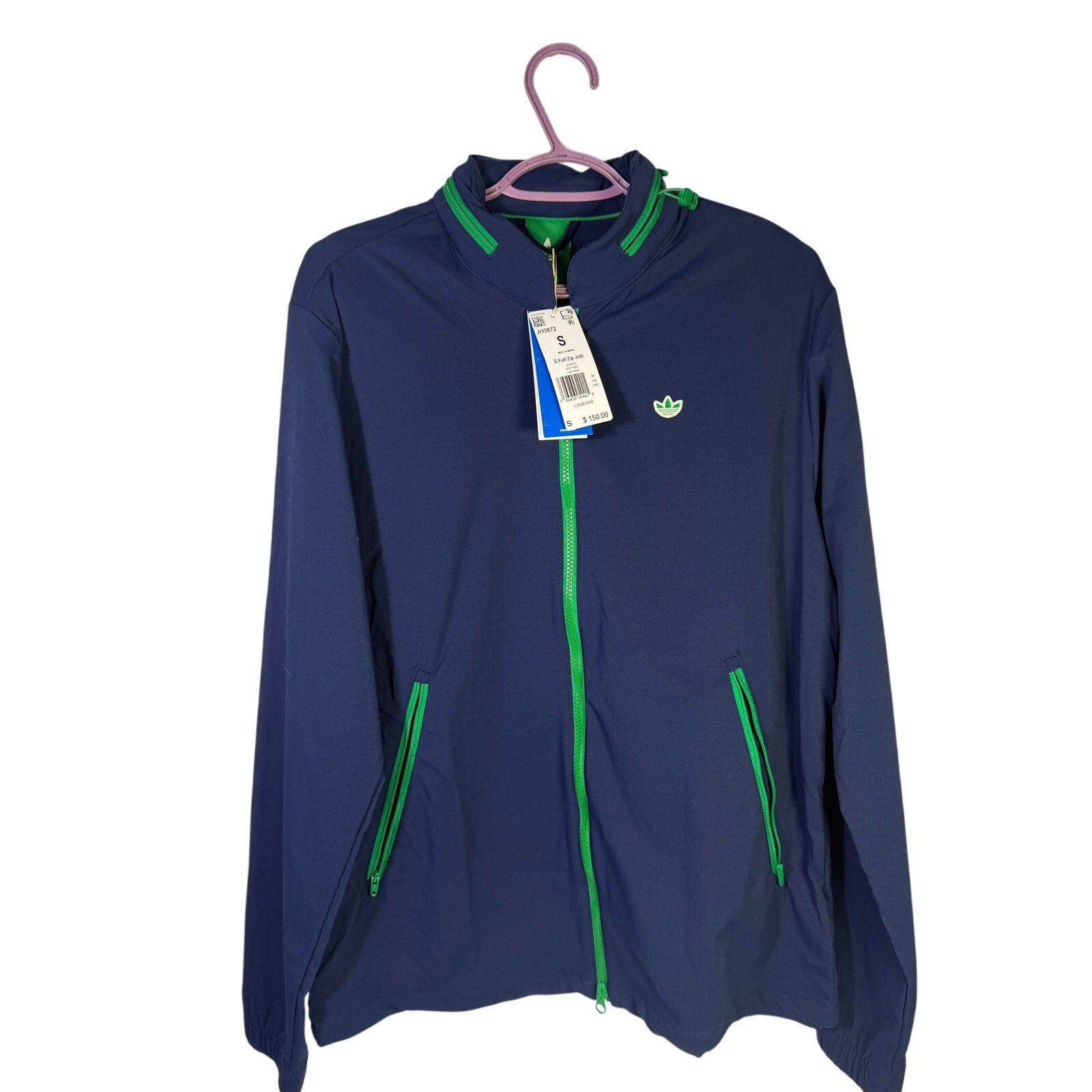 Adidas men's golf full-zip jacket in night indigo green, size small, featuring a lightweight design and full front zipper.