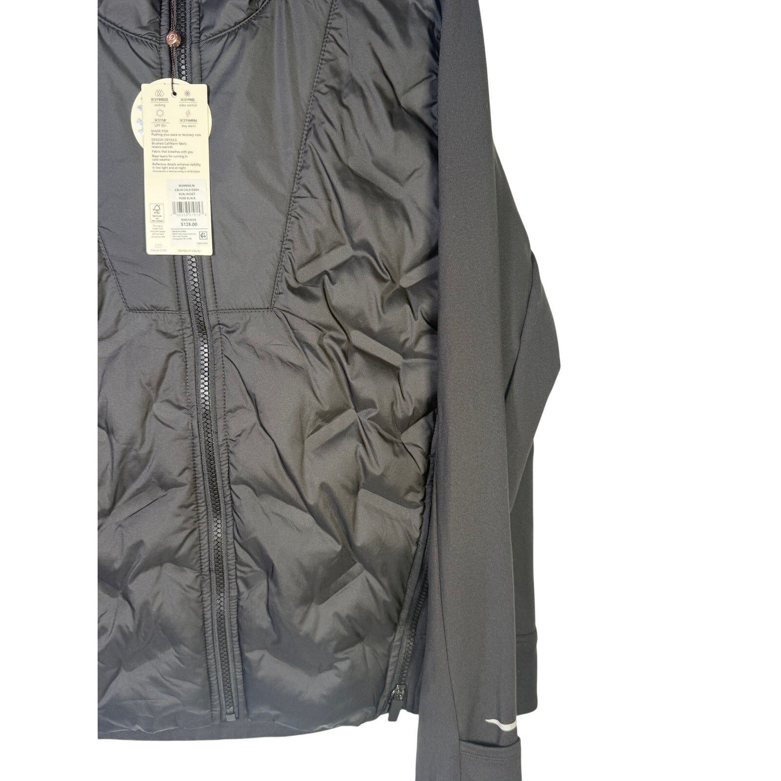 CALIA Women’s Cold Dash Run Jacket in pure black, size medium, featuring a hybrid quilted design for active wear.