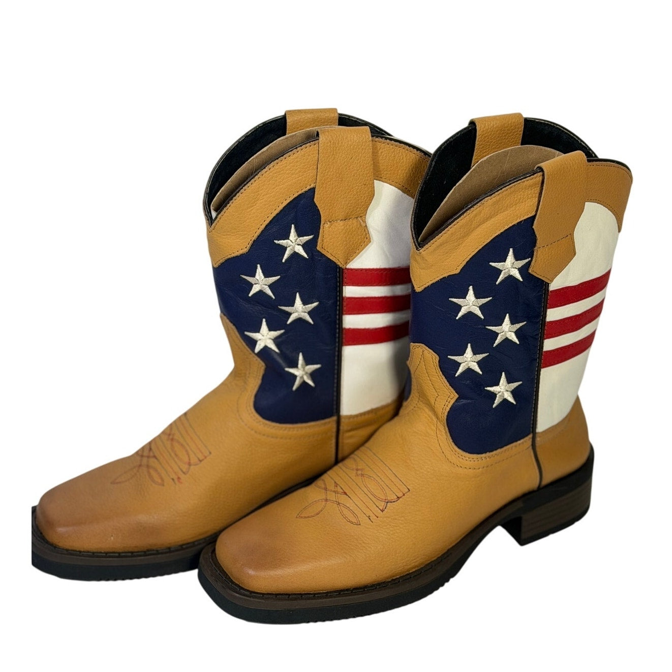 Patriotic American Flag Western Cowboy Boots Youth 5 1/2 M Tan Leather NWT
