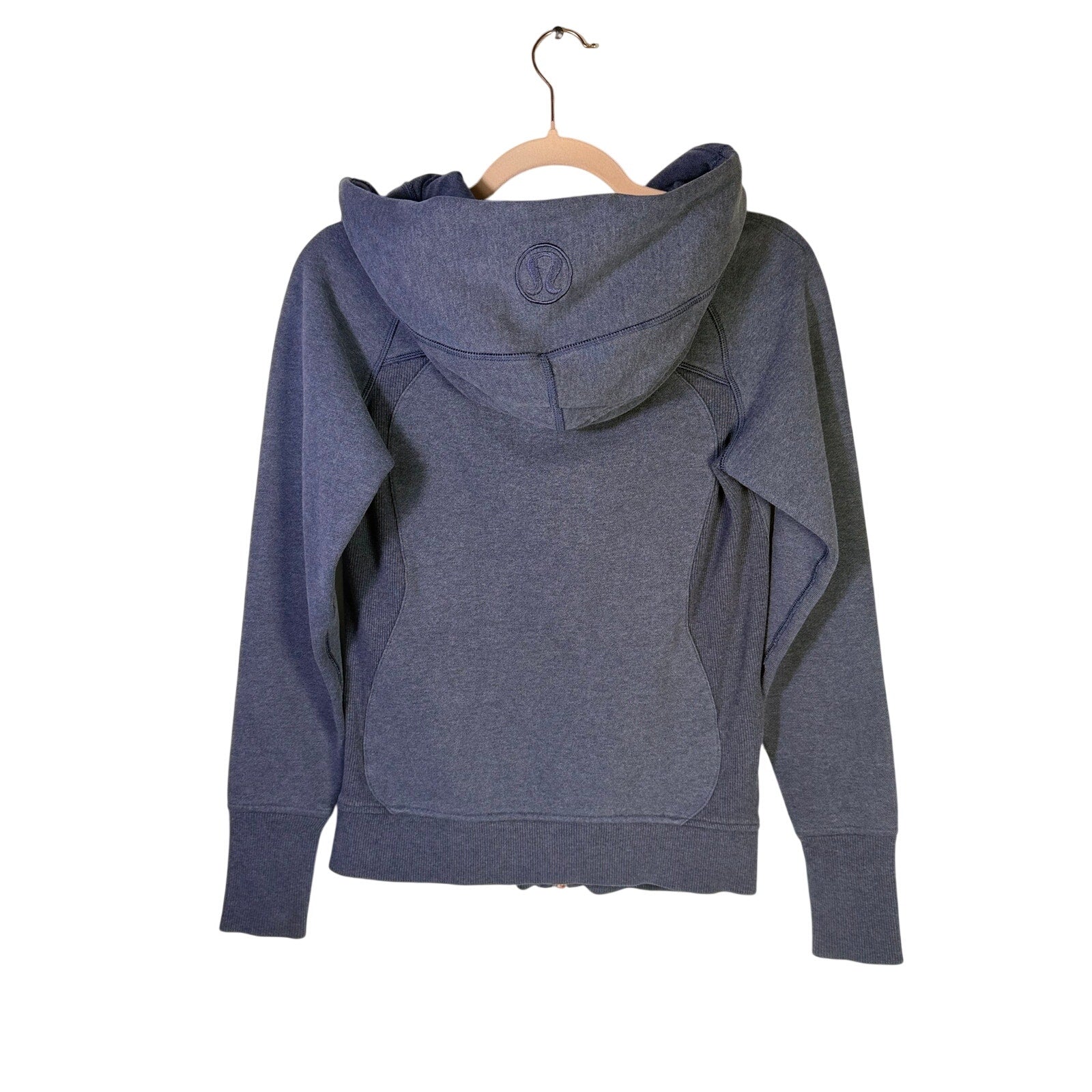 Lululemon women's Heathered Blue Scuba Full-Zip Hoodie, size 6, featuring a comfortable zip-up design and soft fabric.