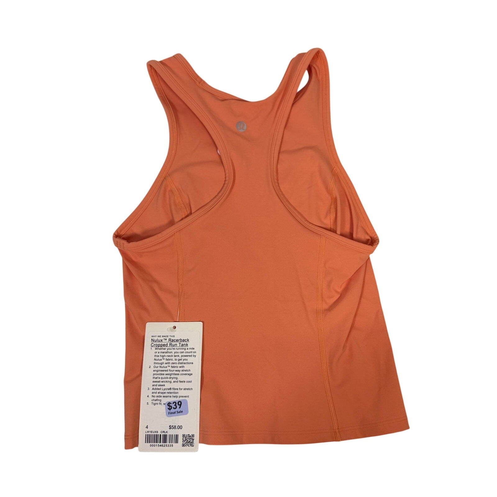Lululemon Nulu Racerback Cropped Run Tank Women's Size 4 Coral NWT