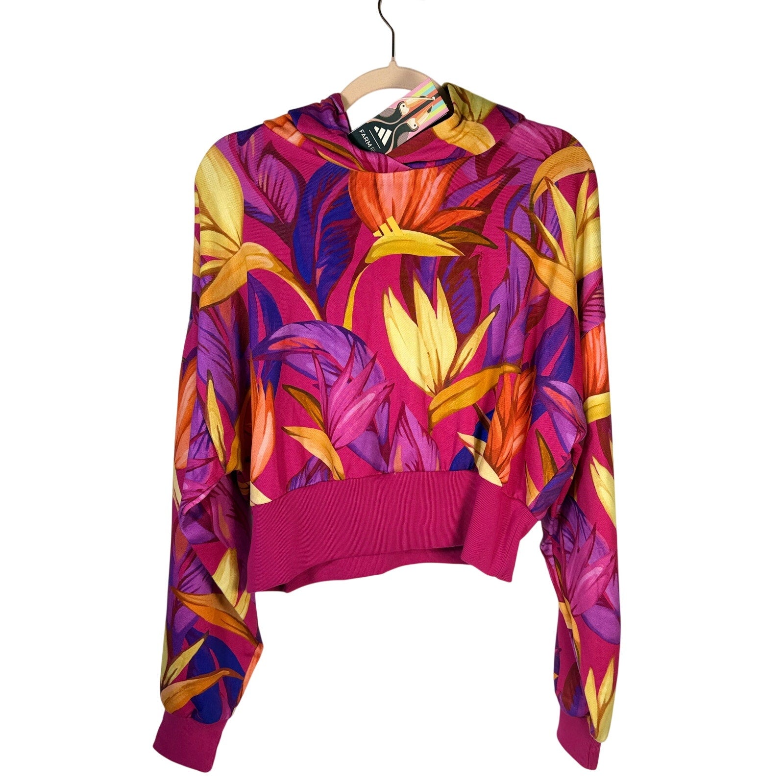 adidas x FARM Rio women's tropical floral cropped hoodie in pink and multicolor, size XL, with vibrant floral print.