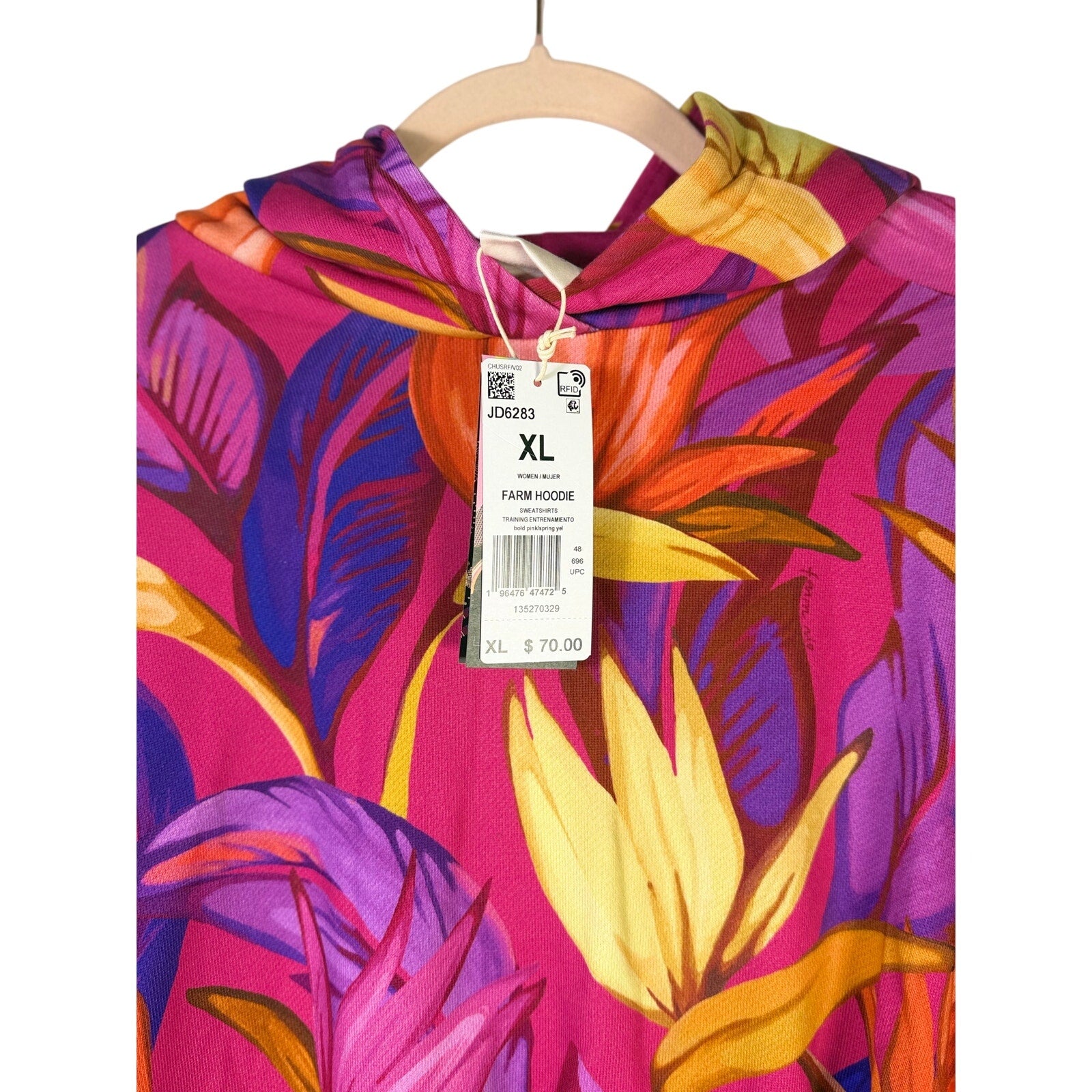 Pink multicolor adidas x FARM Rio women's tropical floral cropped hoodie, size XL, with vibrant floral print and casual fit.