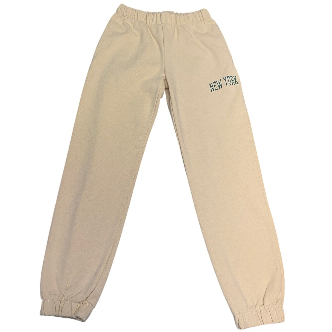 New York Graphic Jogger Sweatpants Cream Beige Size L Elastic Waist