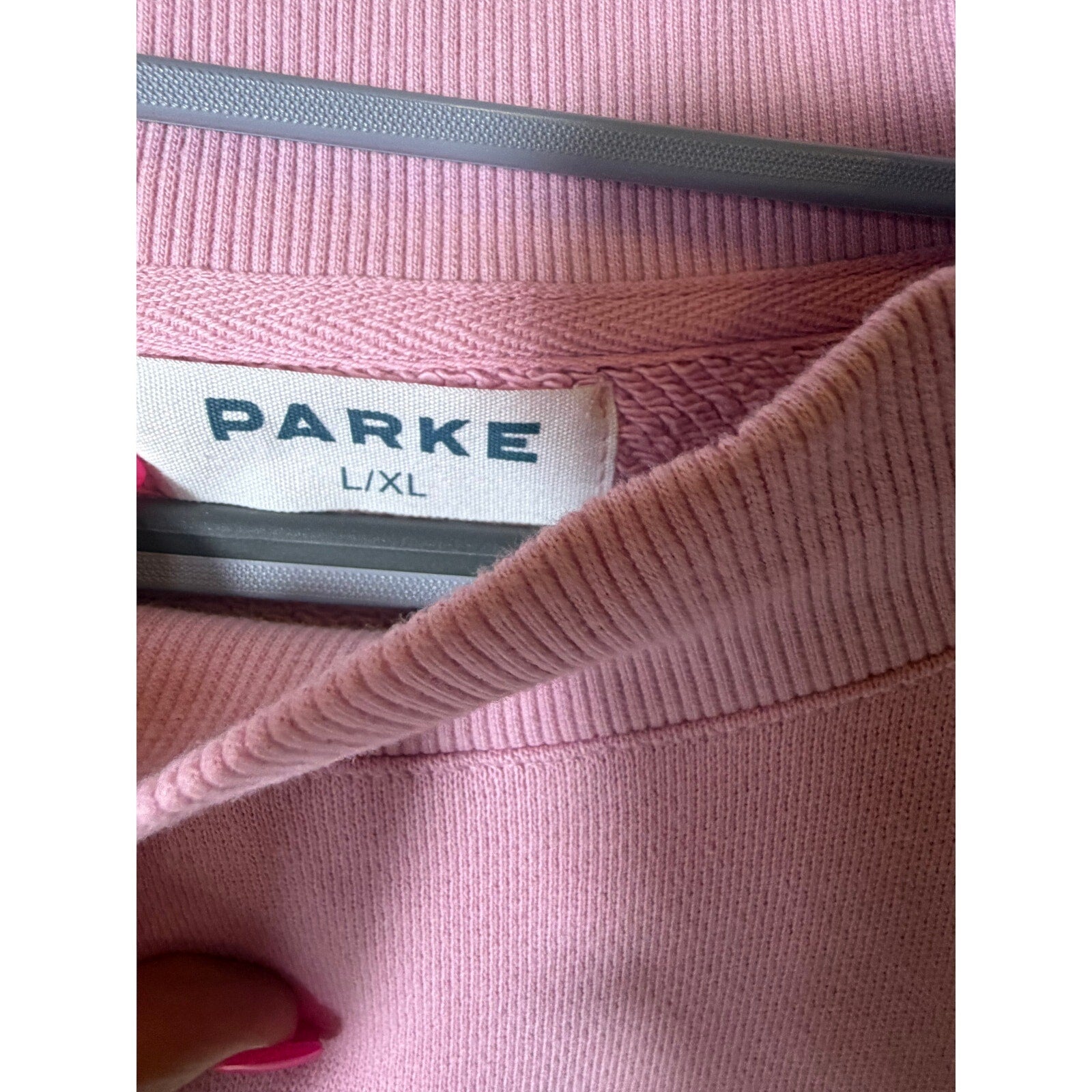 PARKE Pink Mock Neck Oversized Sweatshirt Pullover Striped Logo Appliqué Women's L/XL