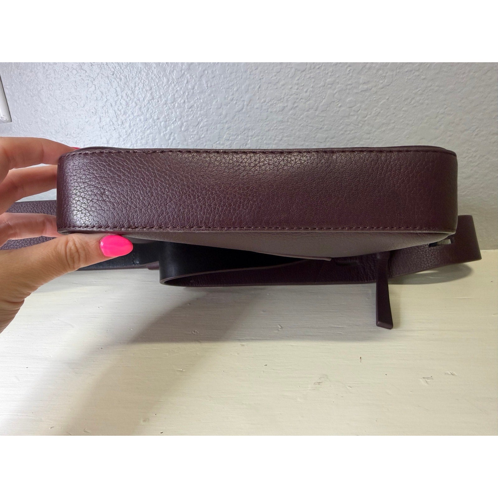 AllSaints Women’s Burgundy Pebbled Leather Camera Crossbody Bag Adjustable Strap