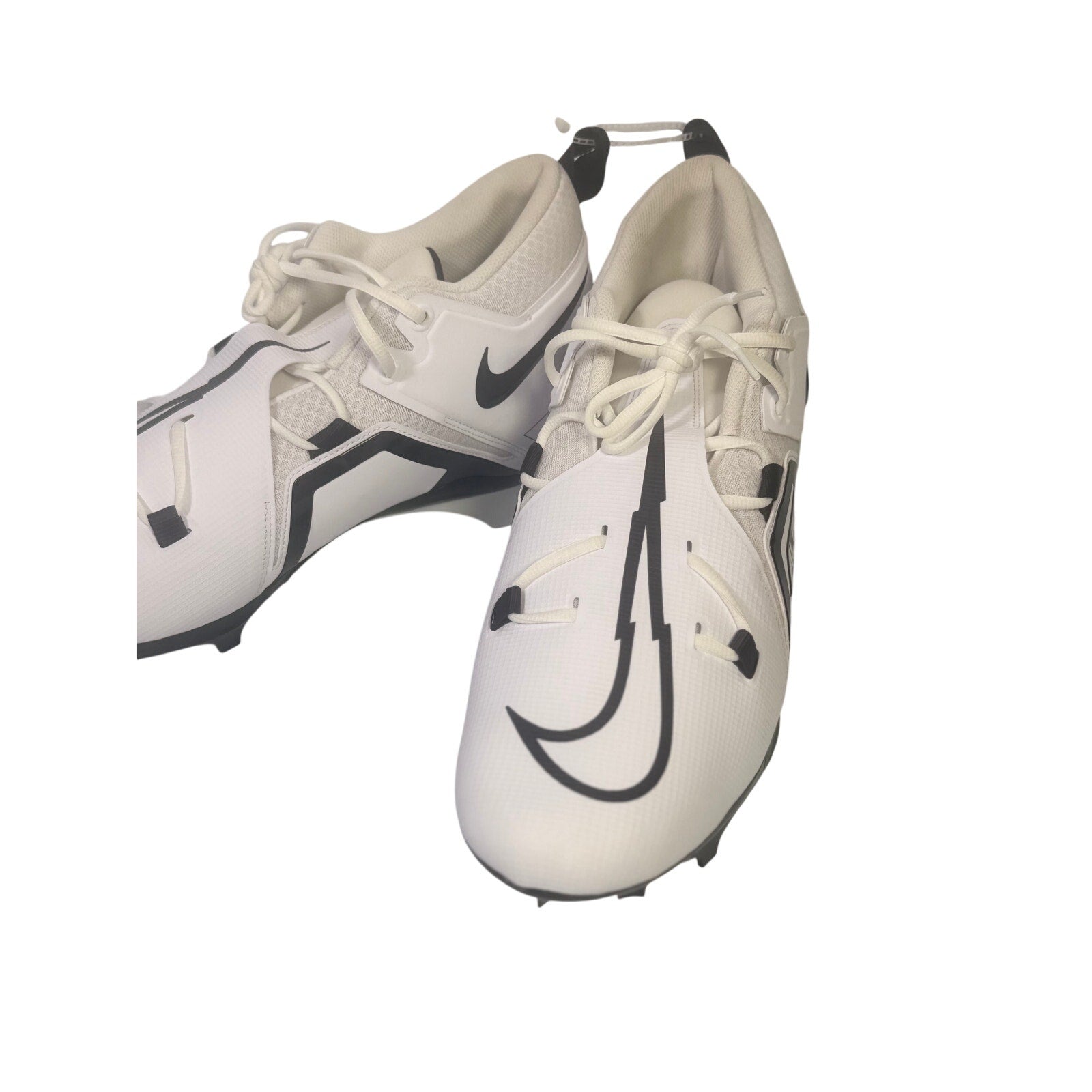 Nike Alpha men's football cleats in white and black, size 17, shown from a side view with laces and cleat studs visible.