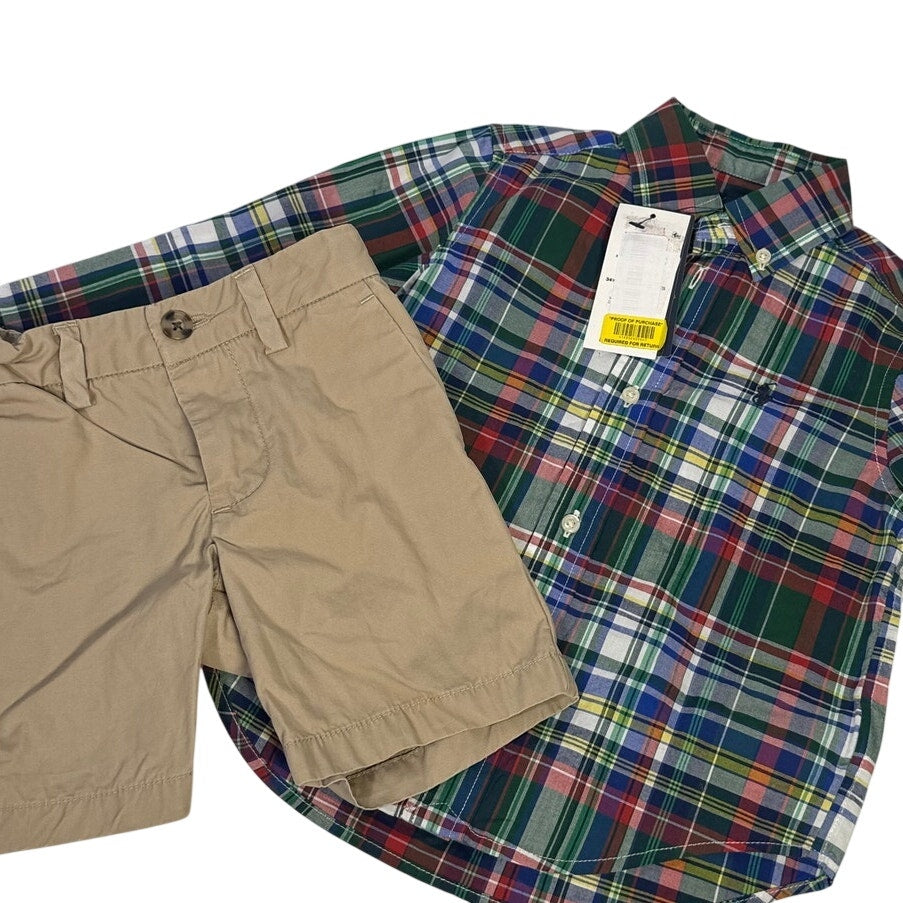 Polo Ralph Lauren Boys Plaid Shirt Khaki Chino Shorts Size 2T Outfit Set