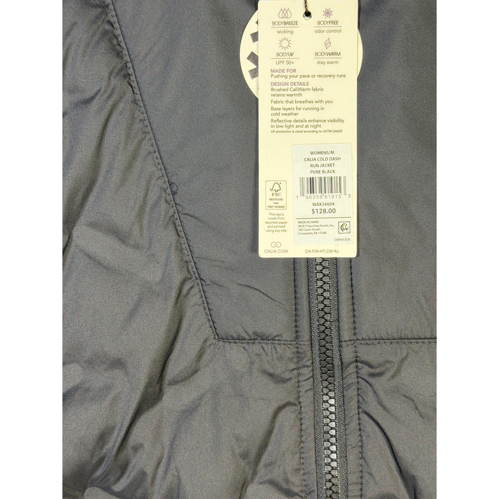 CALIA Women’s Cold Dash Run Jacket in pure black, size medium, featuring a quilted hybrid design for cold-weather running.