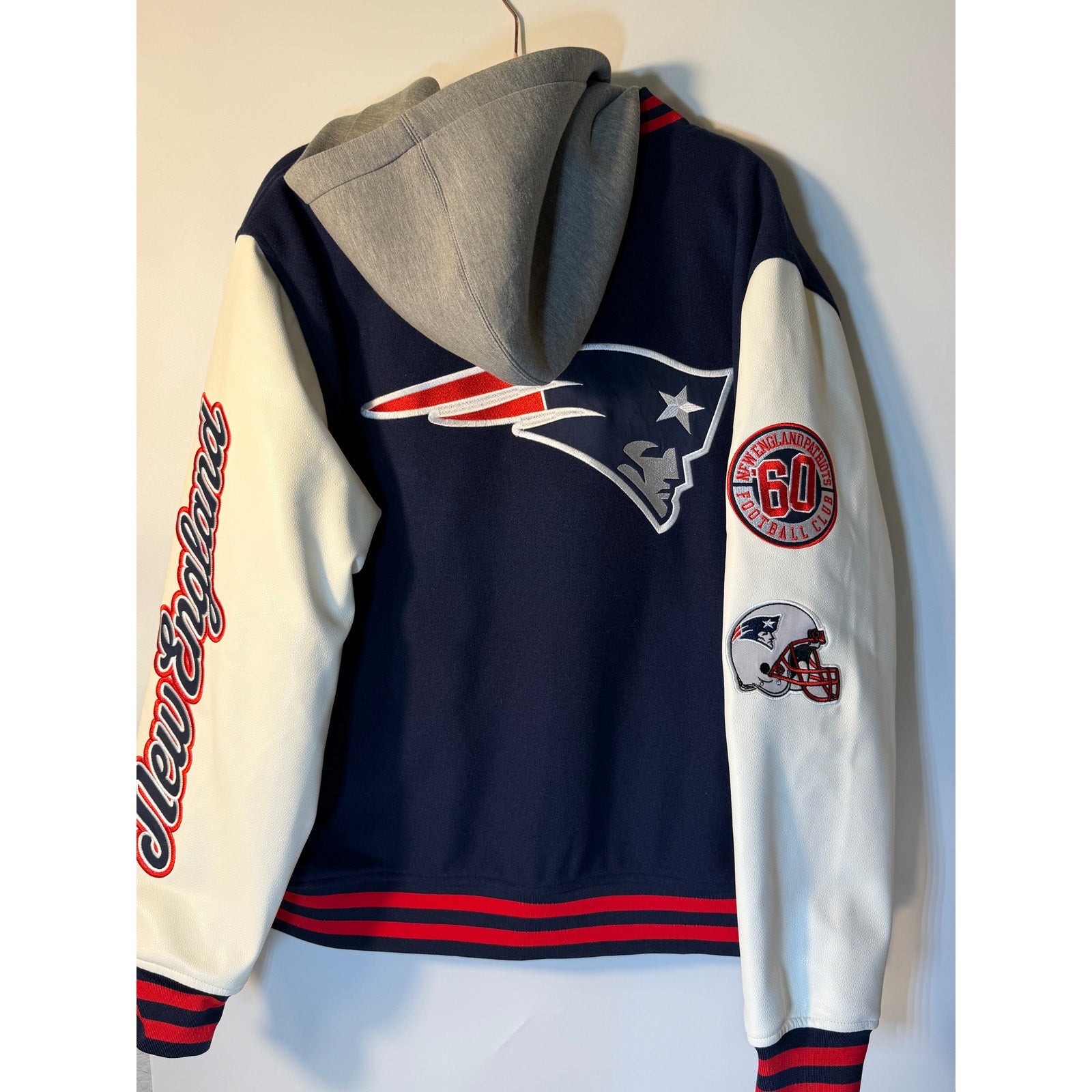 New England Patriots Women's Varsity Jacket Hoodie Blue/White XL NFL Team Apparel Embroidered Wool Faux Leather