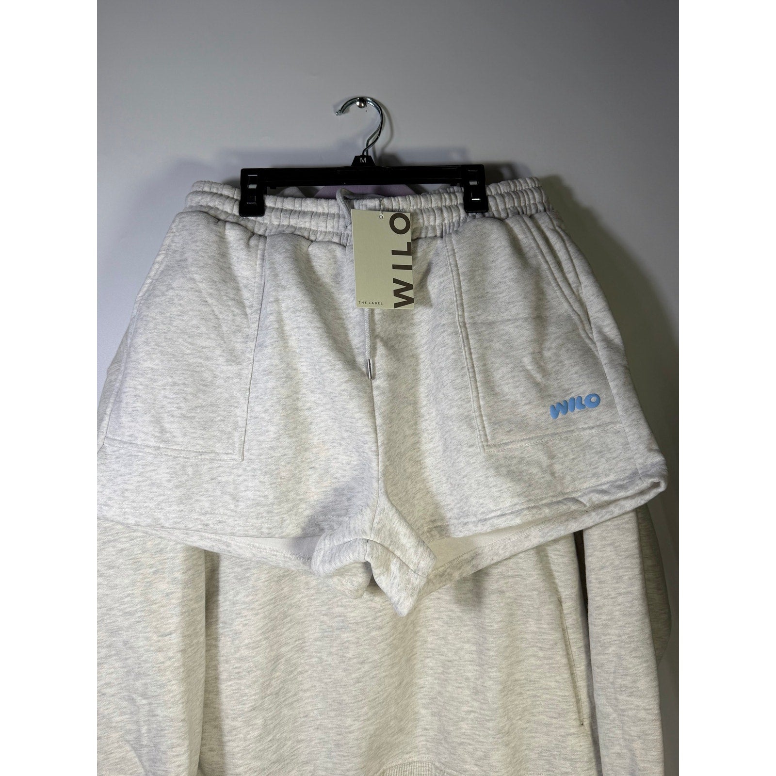 WILO The Label Women’s 2-Piece Hoodie Shorts Set White Marle Blue L NWT