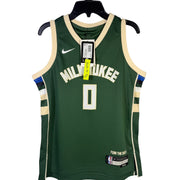 Nike Milwaukee Bucks Damian Lillard #0 youth swingman jersey in green, size M 10-12, displayed on a hanger.